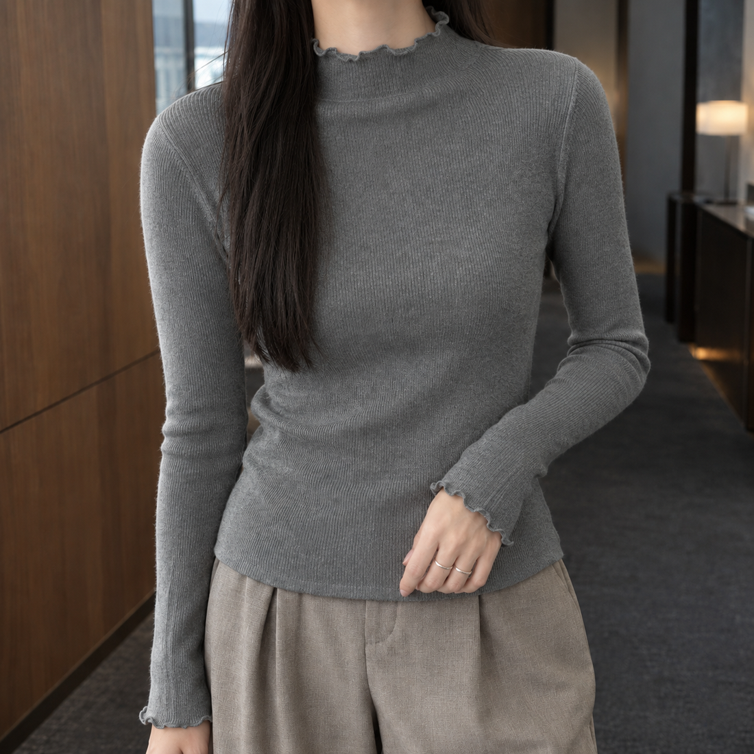 Cerys-Hope Ruffle Neck Sweater - Gray