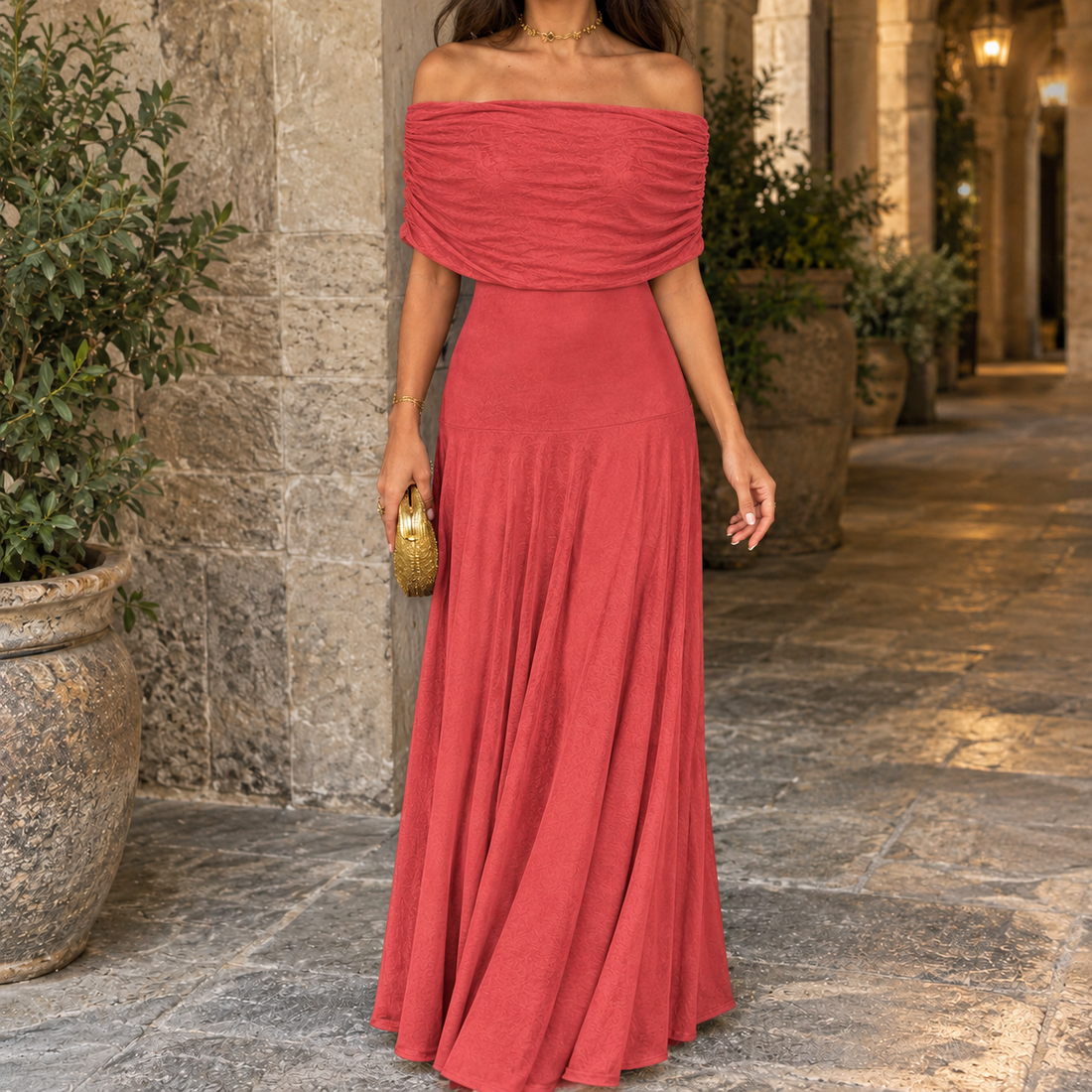 Bianca-Jade Off-Shoulder Maxi Dress - Coral Red