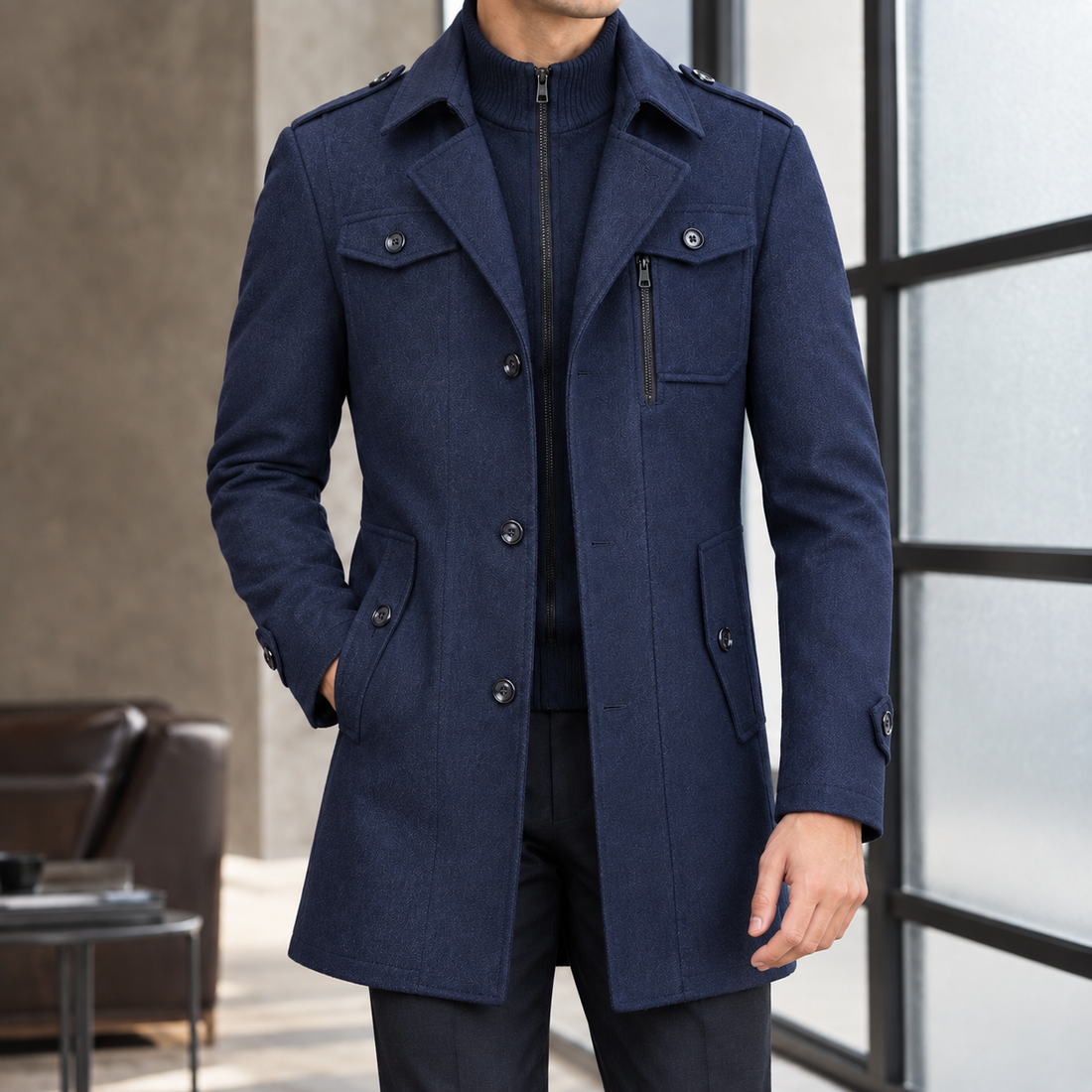 Ambrose-Rhys Wool Coat - Navy Blue