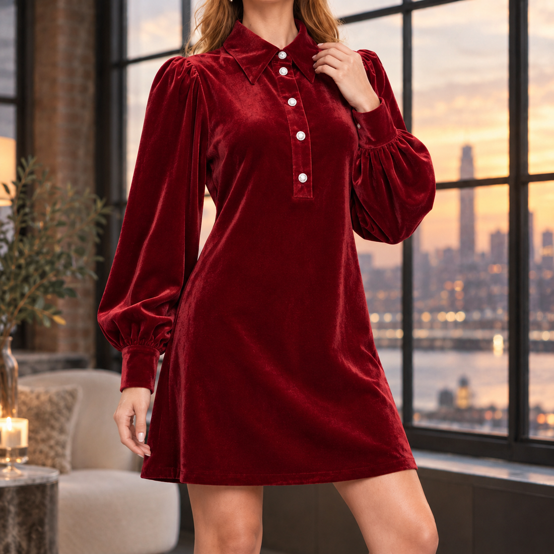 Rachel Lantern Sleeve Dress - Wine Red
