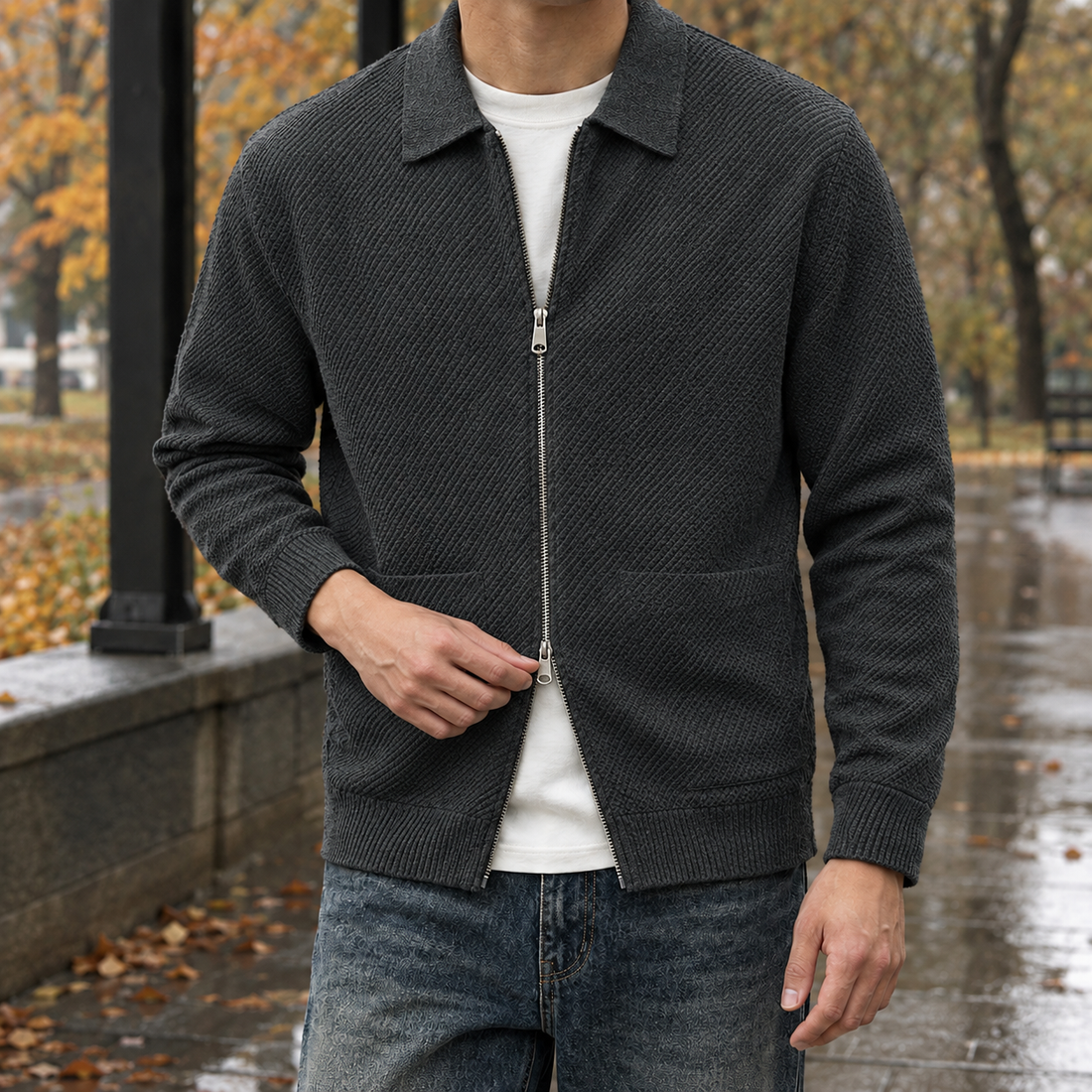 Clovis-Dean Zip Collar Jacket - Dark Gray