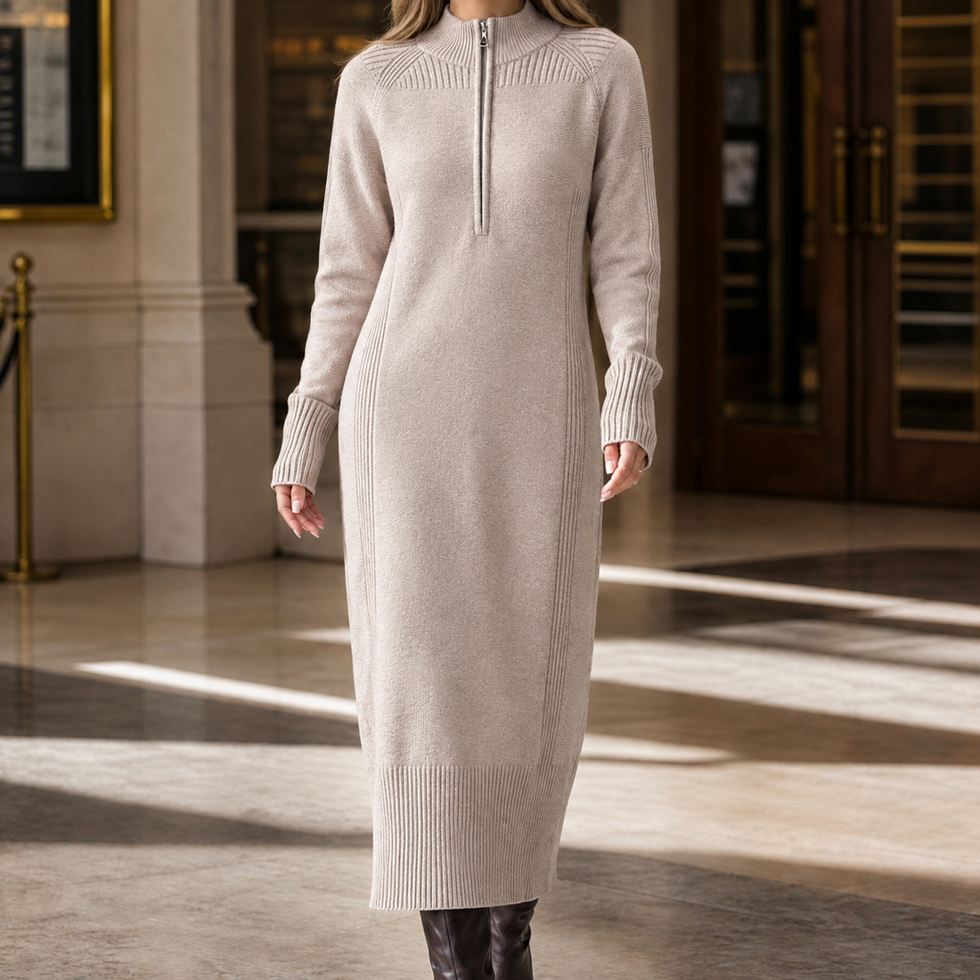 Melisande-Marie Quarter Zip Dress - Beige