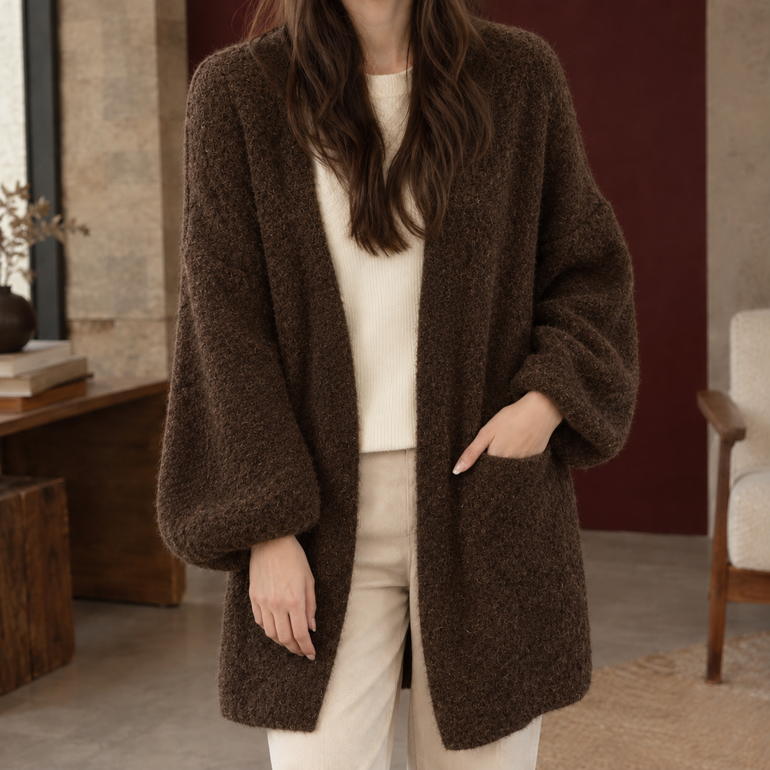 Hannah V Neck Cardigan - Brown