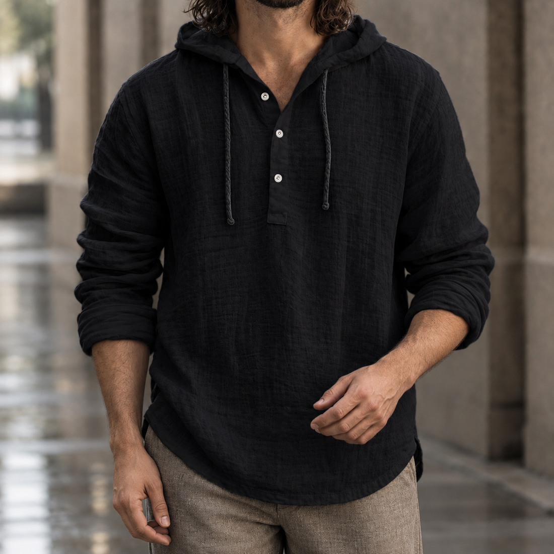 Bradley-Tate Hooded Henley - Black