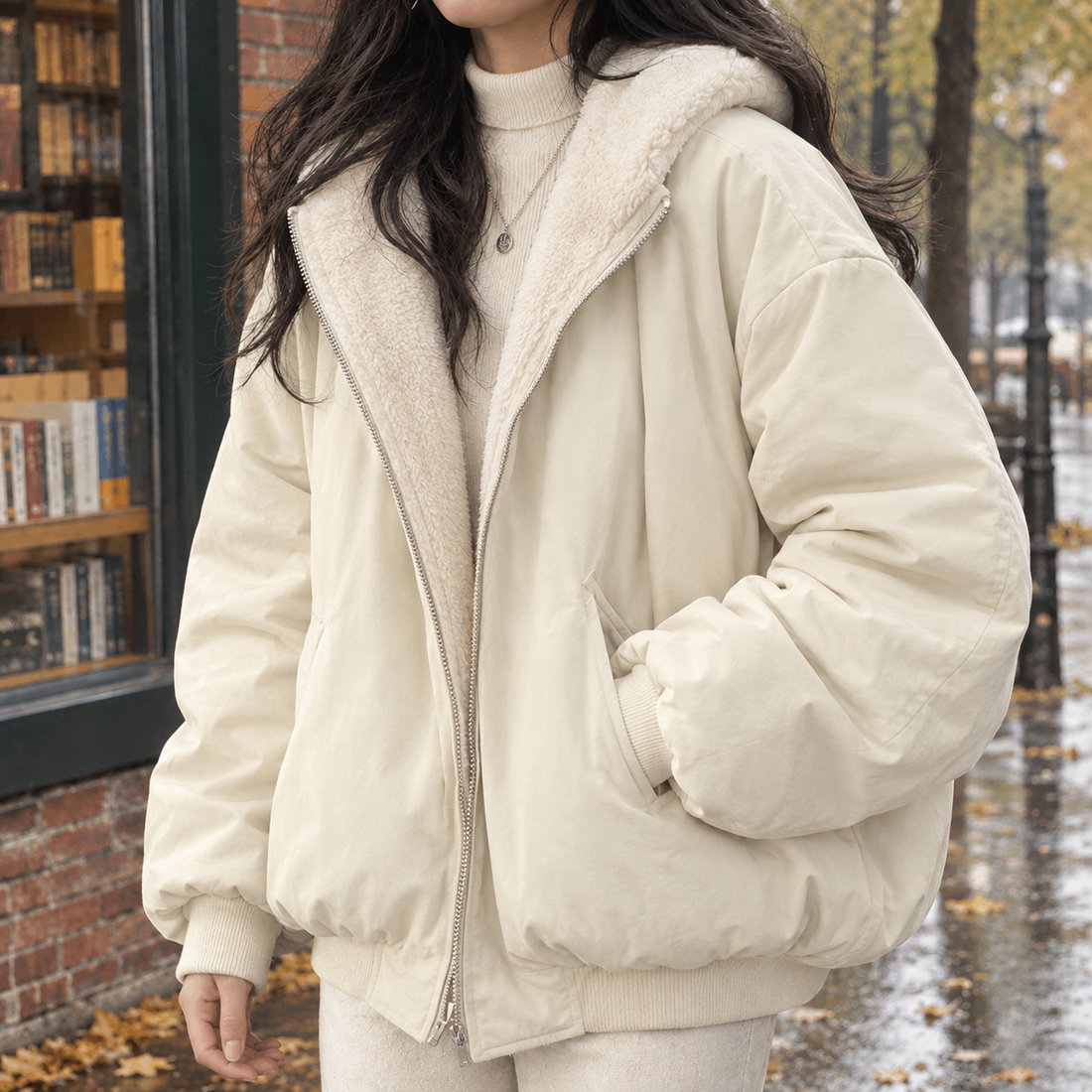 Anais-Claire Oversized Bomber Jacket - Cream