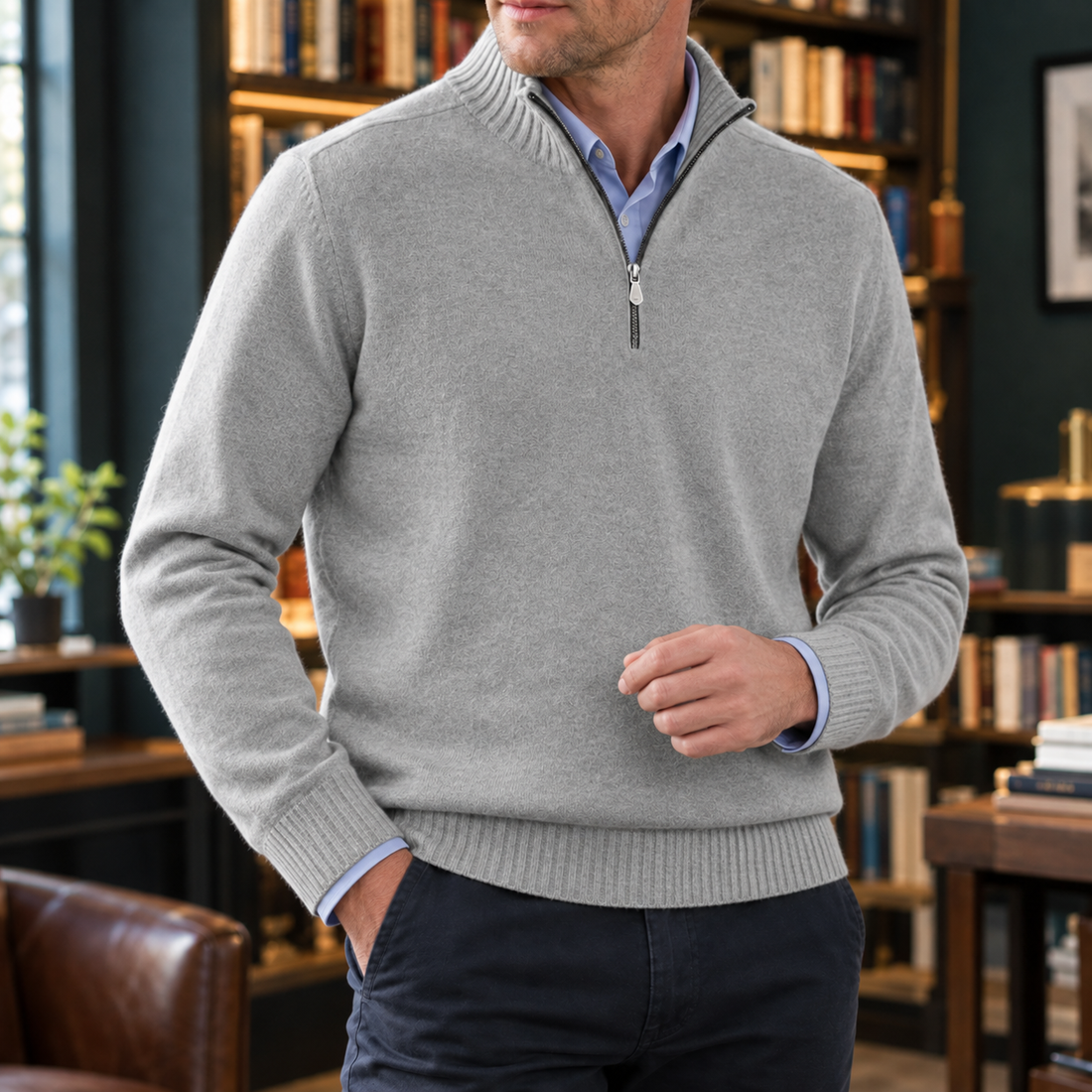 Ezra-Stone Quarter Zip Sweater - Light Gray