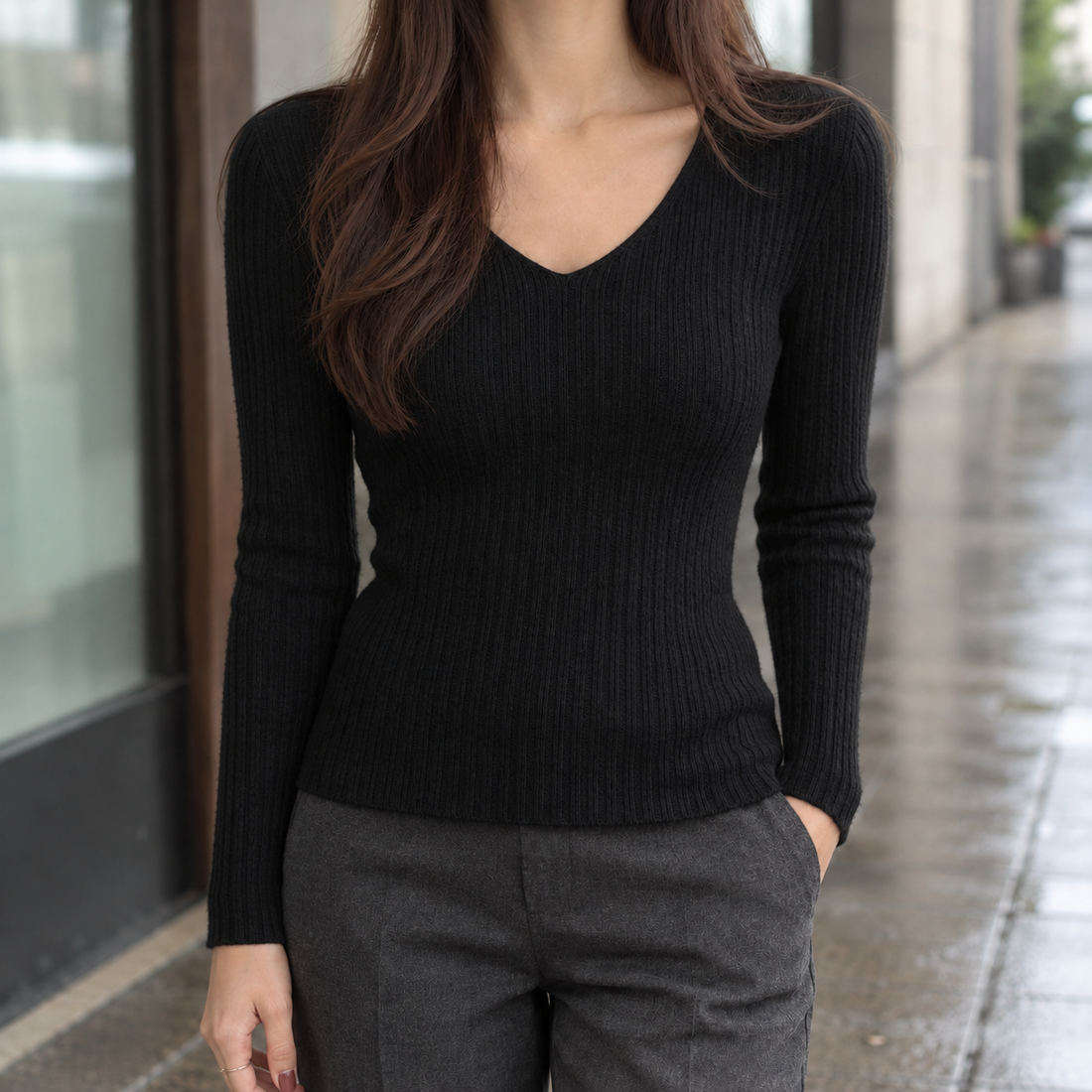 Laurel-Rose Ribbed Top - Black