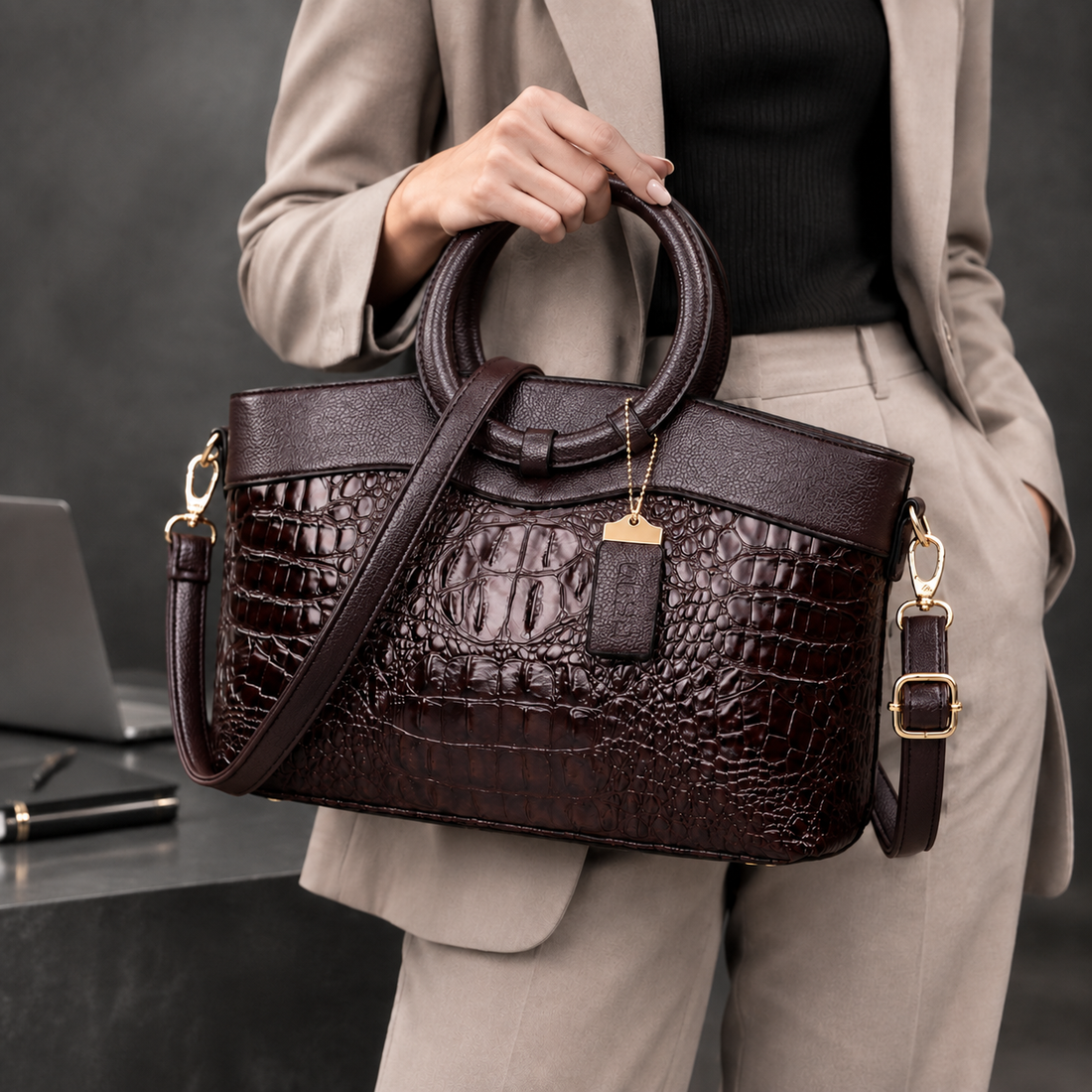 Venturi Croc Embossed Handbag - Dark Brown
