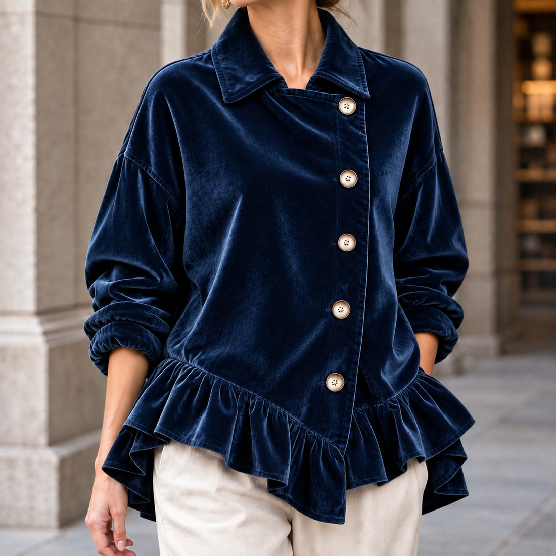 Annalise-Jane Ruffle Hem Jacket - Dark Blue