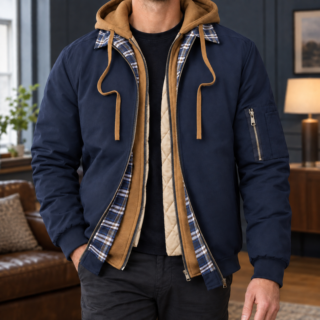 Liam Layered Bomber Jacket - Navy Blue