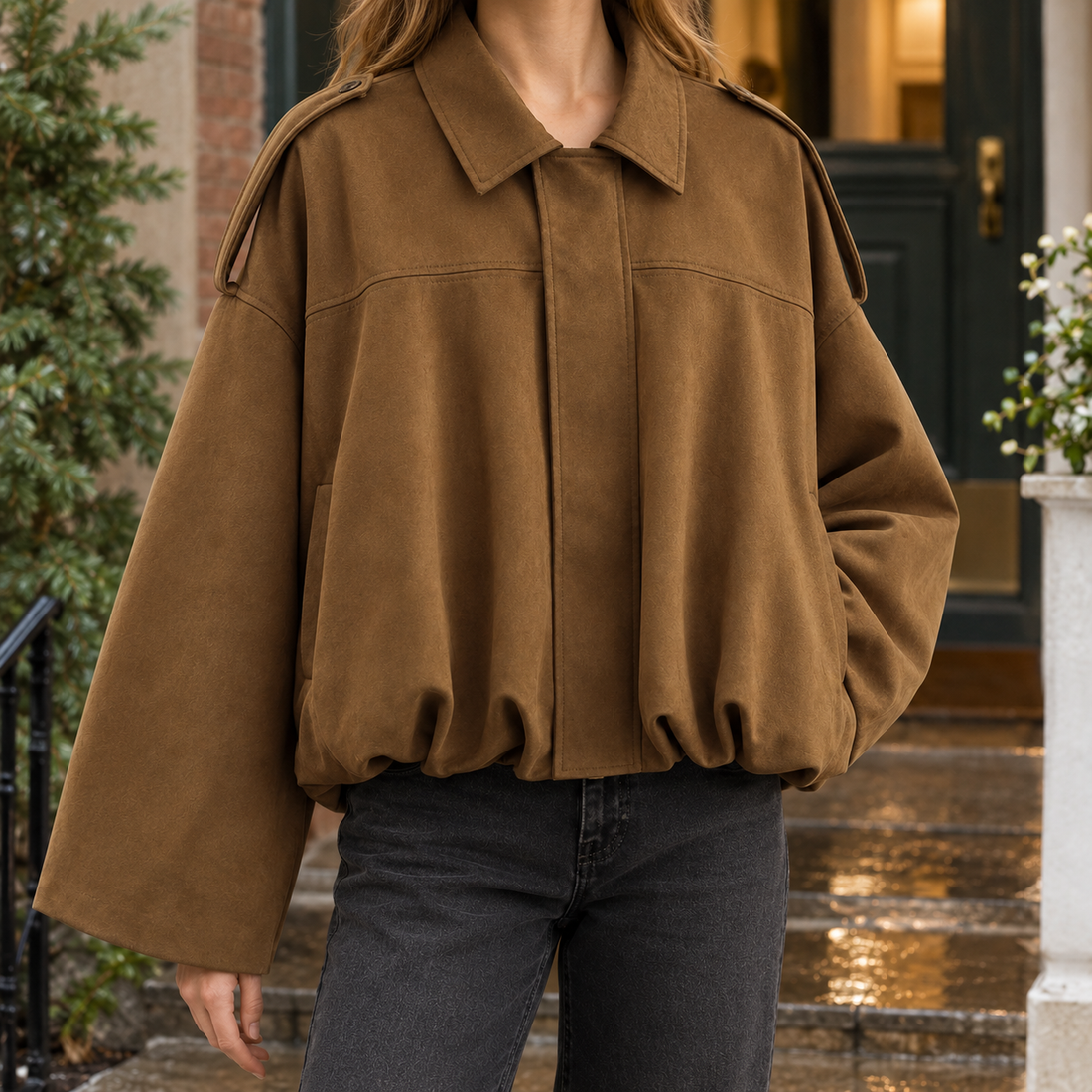 Katherine-Jane Suede Bomber Jacket - Warm Brown