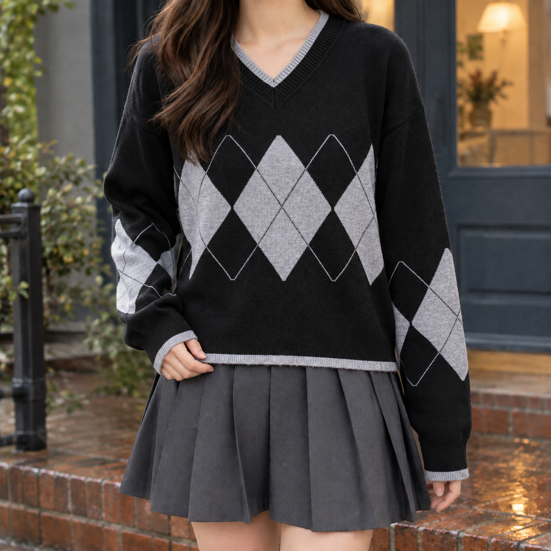 Alina-Elise Argyle Sweater - Black