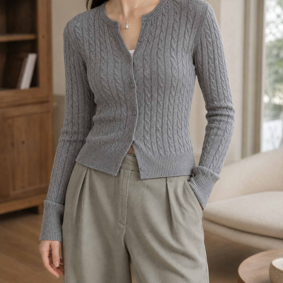 Mirabel-June Cable Cardigan - Gray