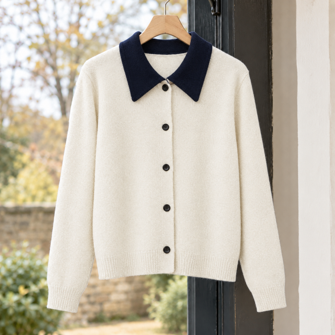 Elle-Kate Contrast Collar Cardigan - White
