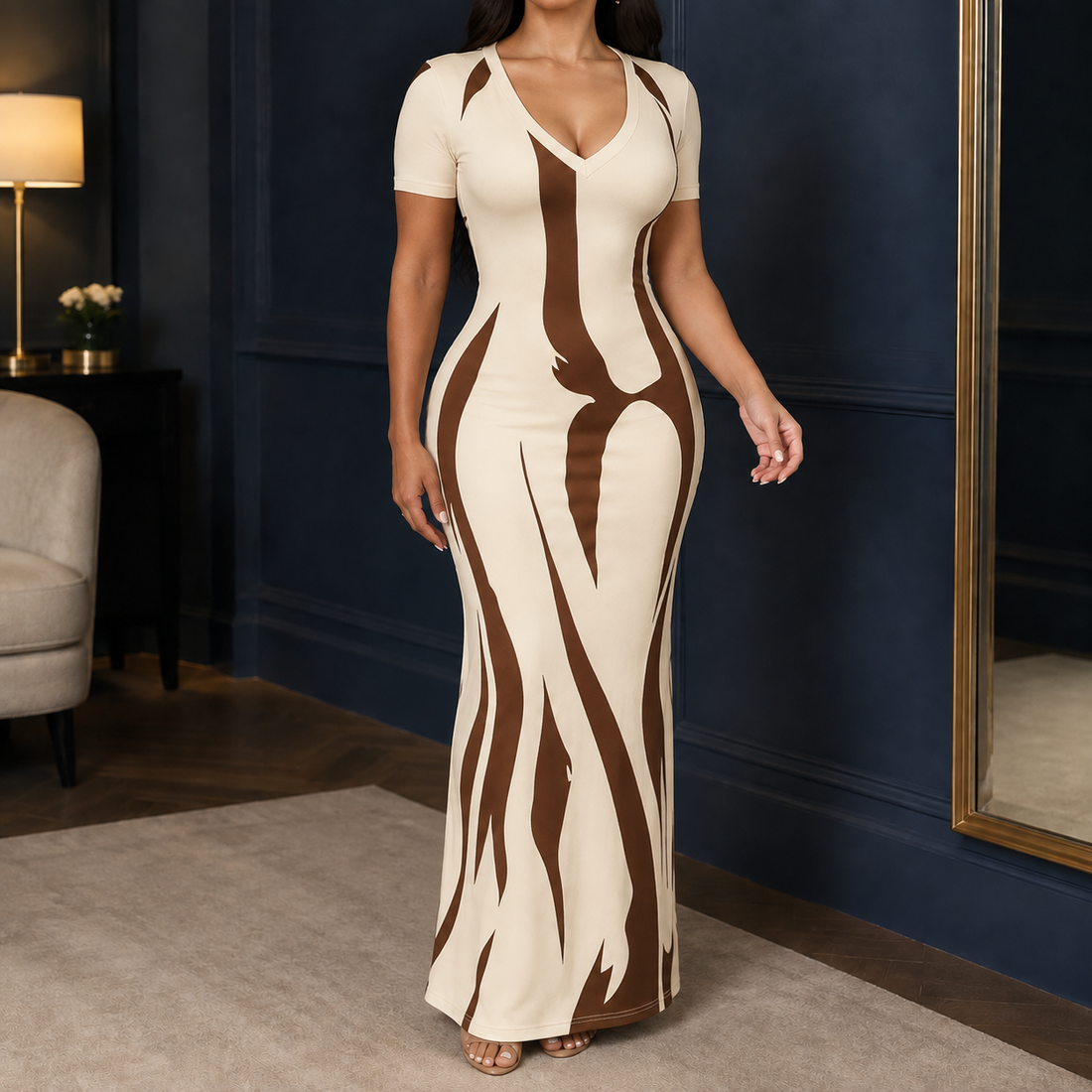 Audrina Abstract Maxi Dress - Khaki