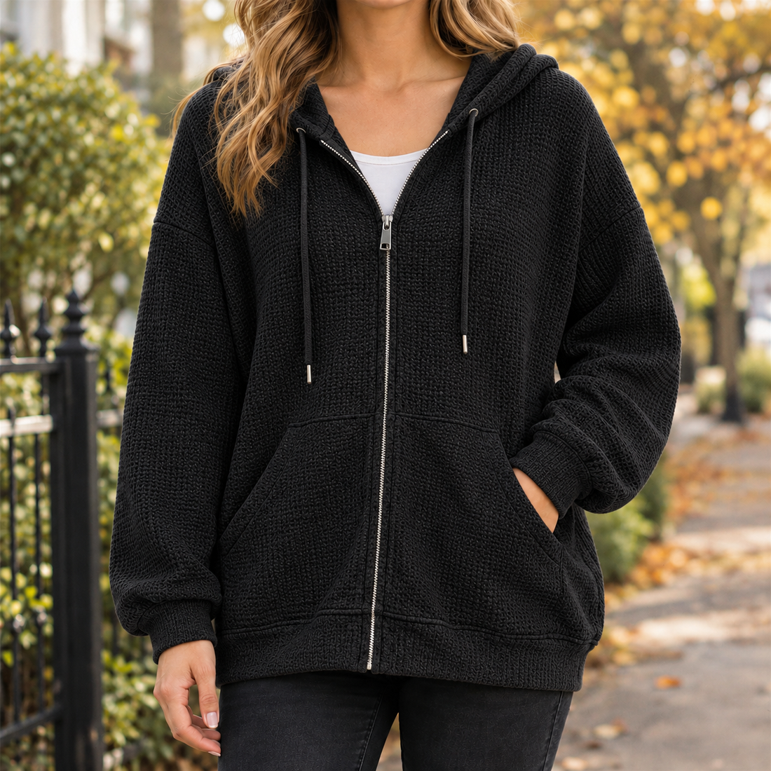 Charlize-Marie Waffle Knit Sweater - Black