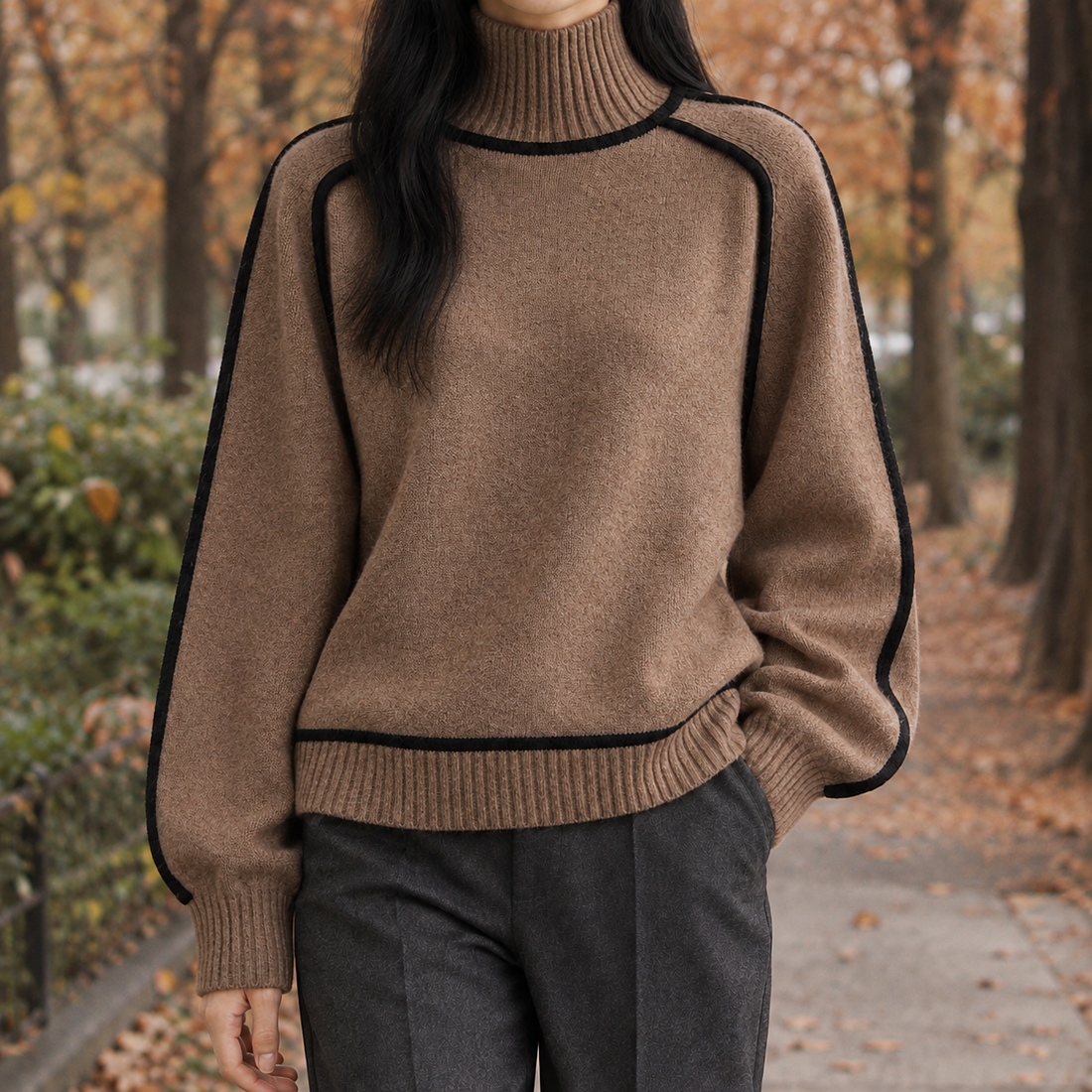 Maeve-Hope Contrast Trim Sweater - Brown