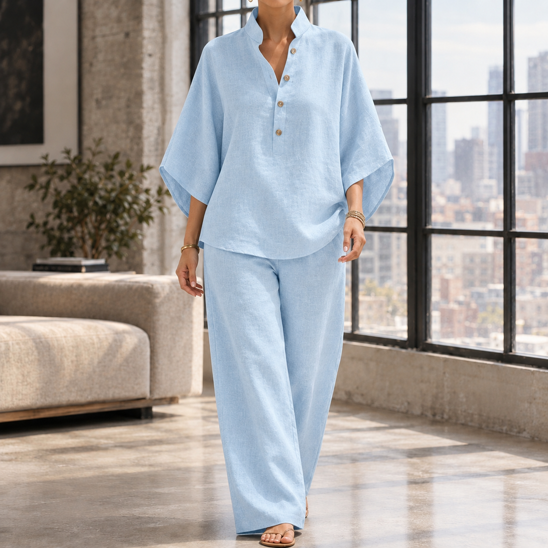 Iris-June Relaxed Pants Set - Light Blue