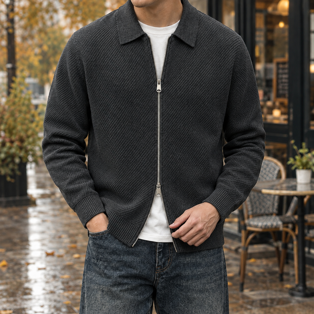Lancelot-Grey Textured Zip Jacket - Dark Gray