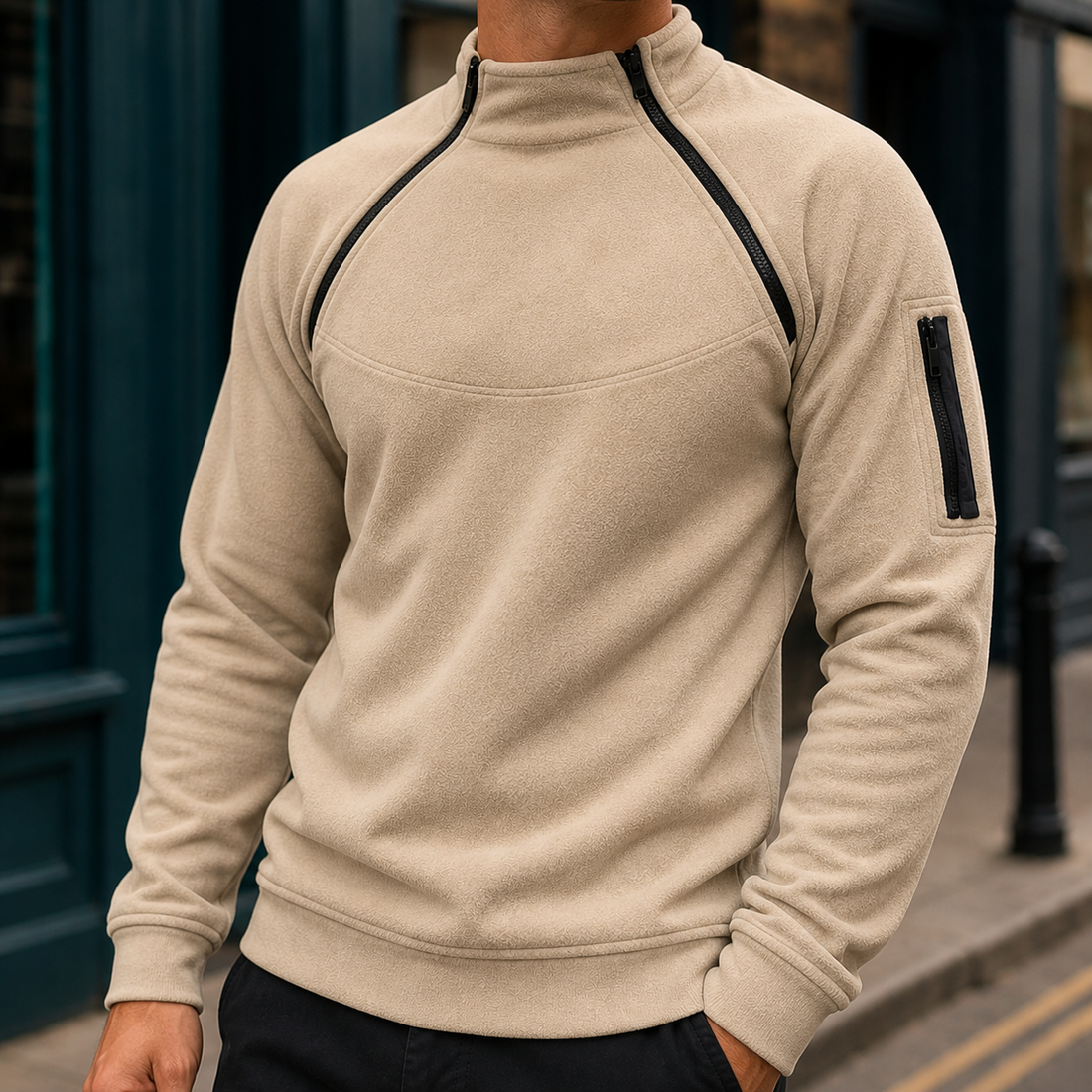 Ambrose-Stone Zip Neck Sweater - Beige