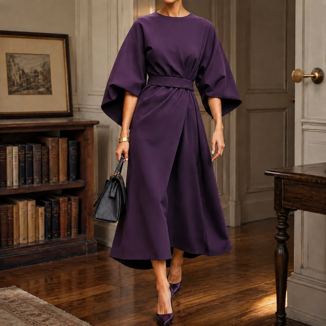 April-Kate Belted Cape Dress - Purple