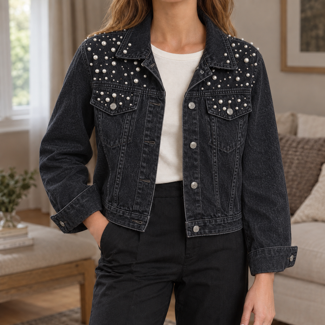 Annabelle-Jade Pearl Denim Jacket - Black