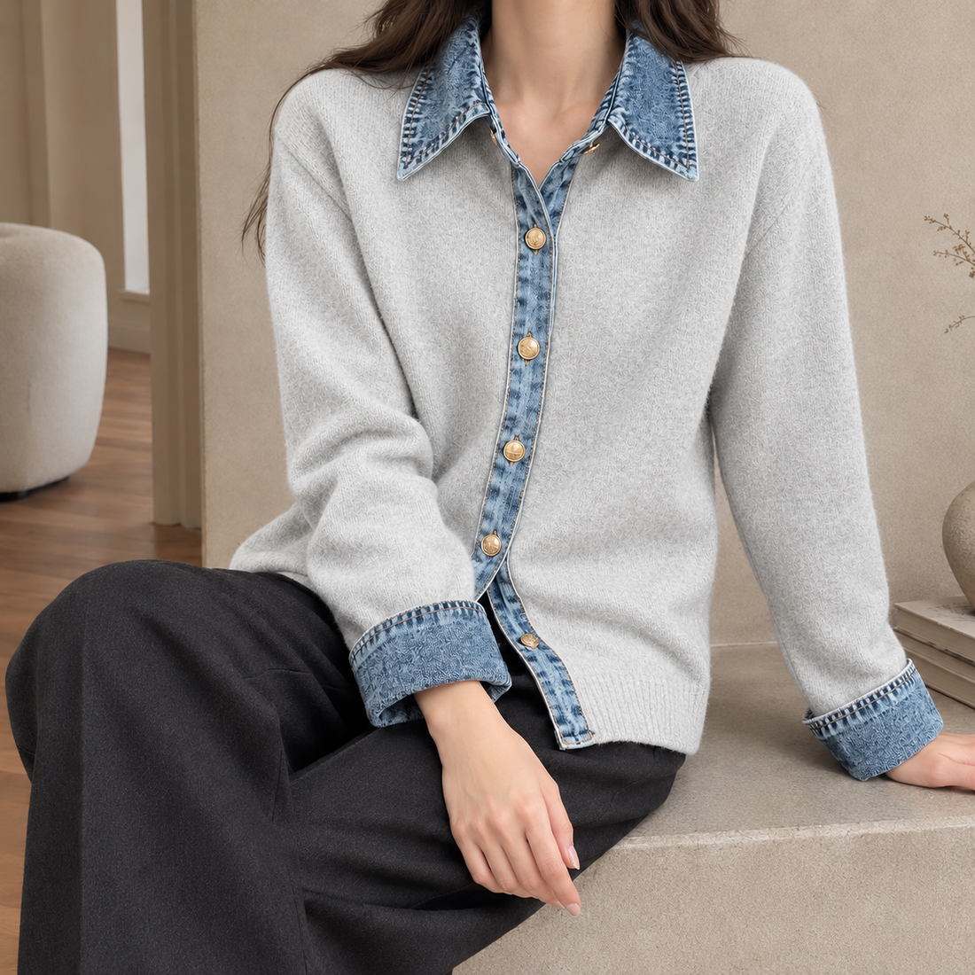 Zoe Denim Trim Cardigan - Light Gray