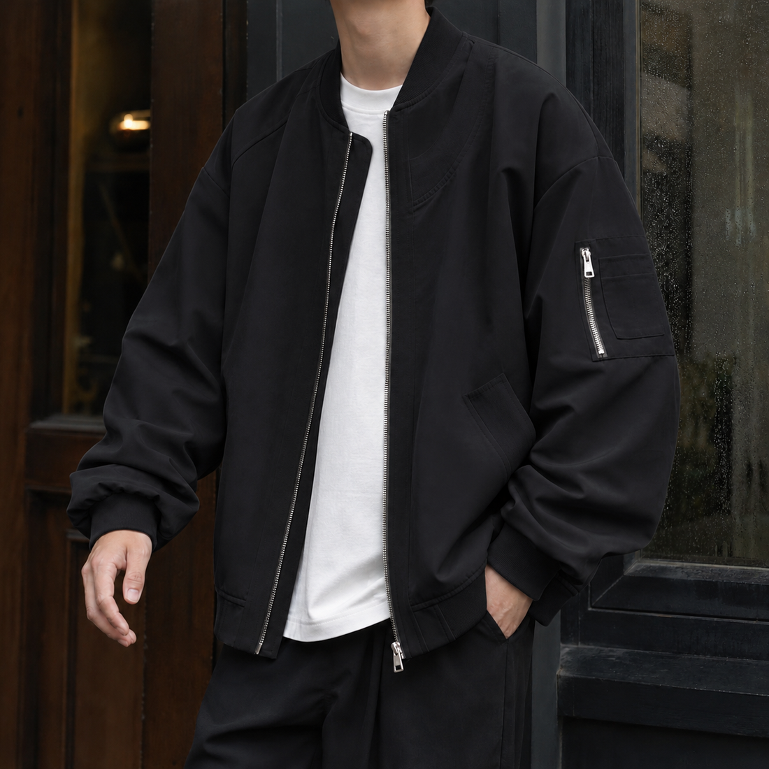 Edmund-Grey Oversized Bomber Jacket - Black