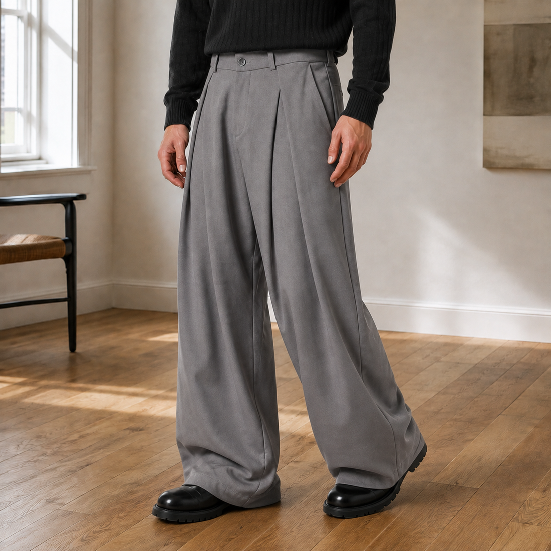 Laurent-Grey Wide Leg Pants - Gray