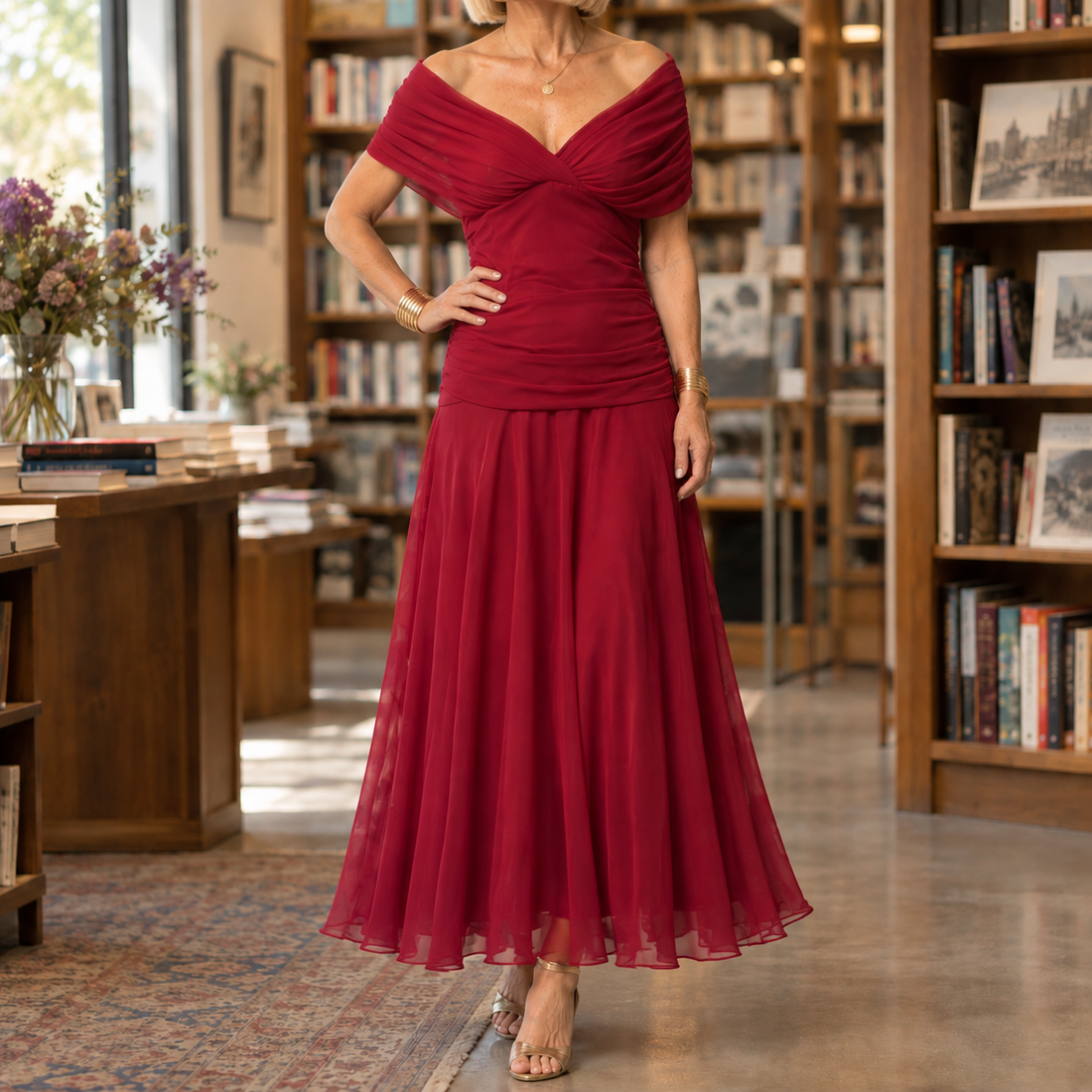 Cordelia-Kate Draped Midi Dress - Red