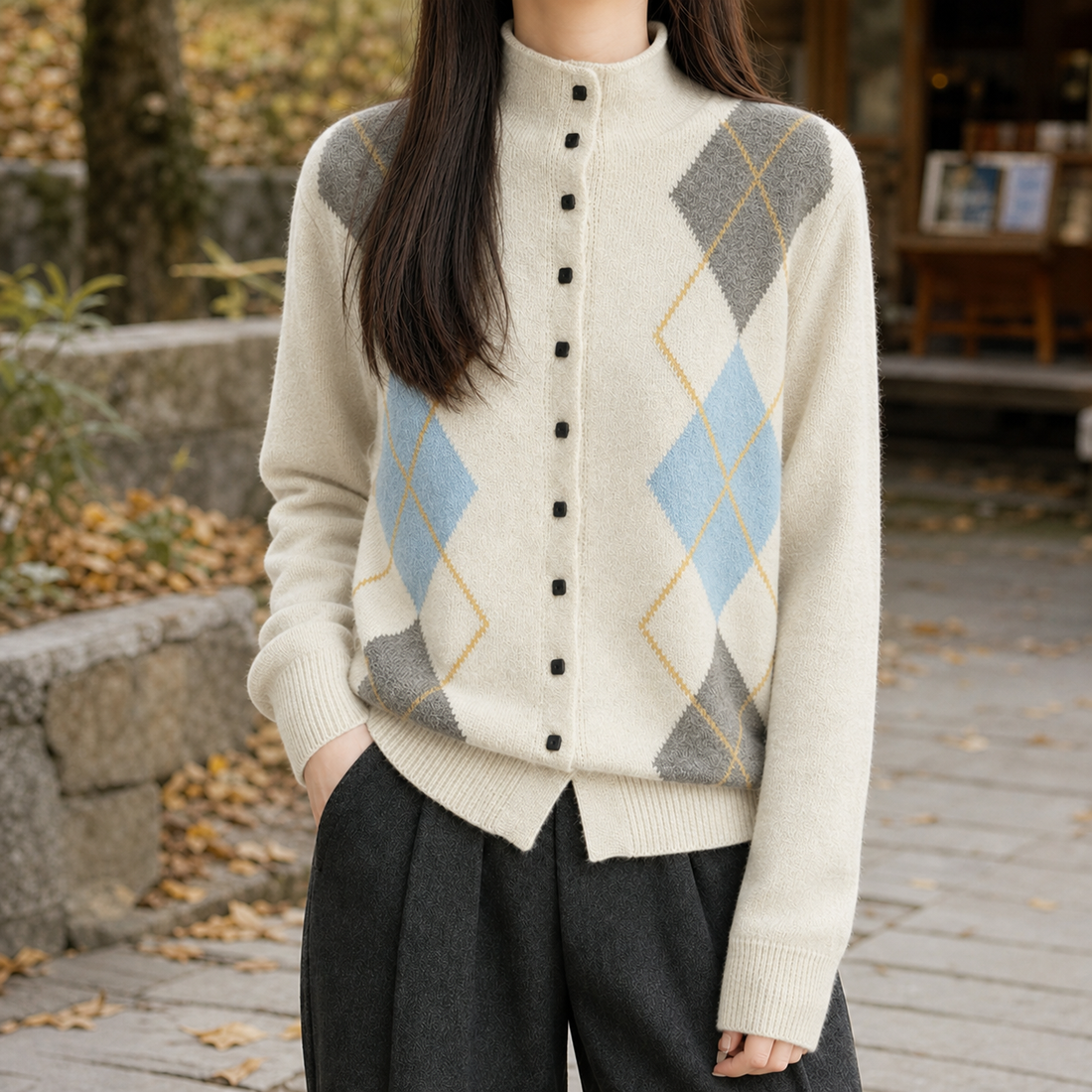 Carmen-Pearl Mock Neck Cardigan - Beige