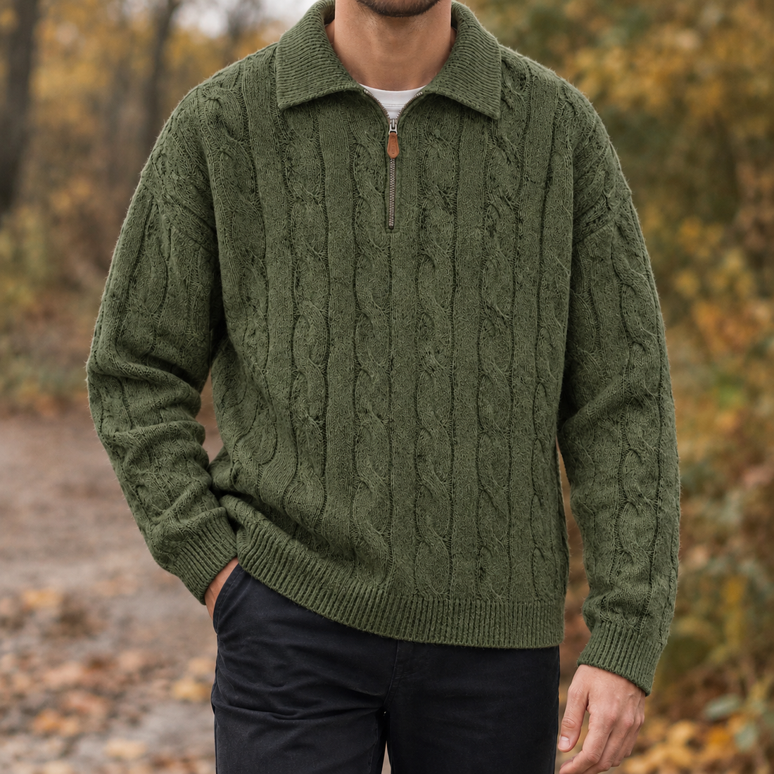 Elias-James Cable Knit Sweater - Green