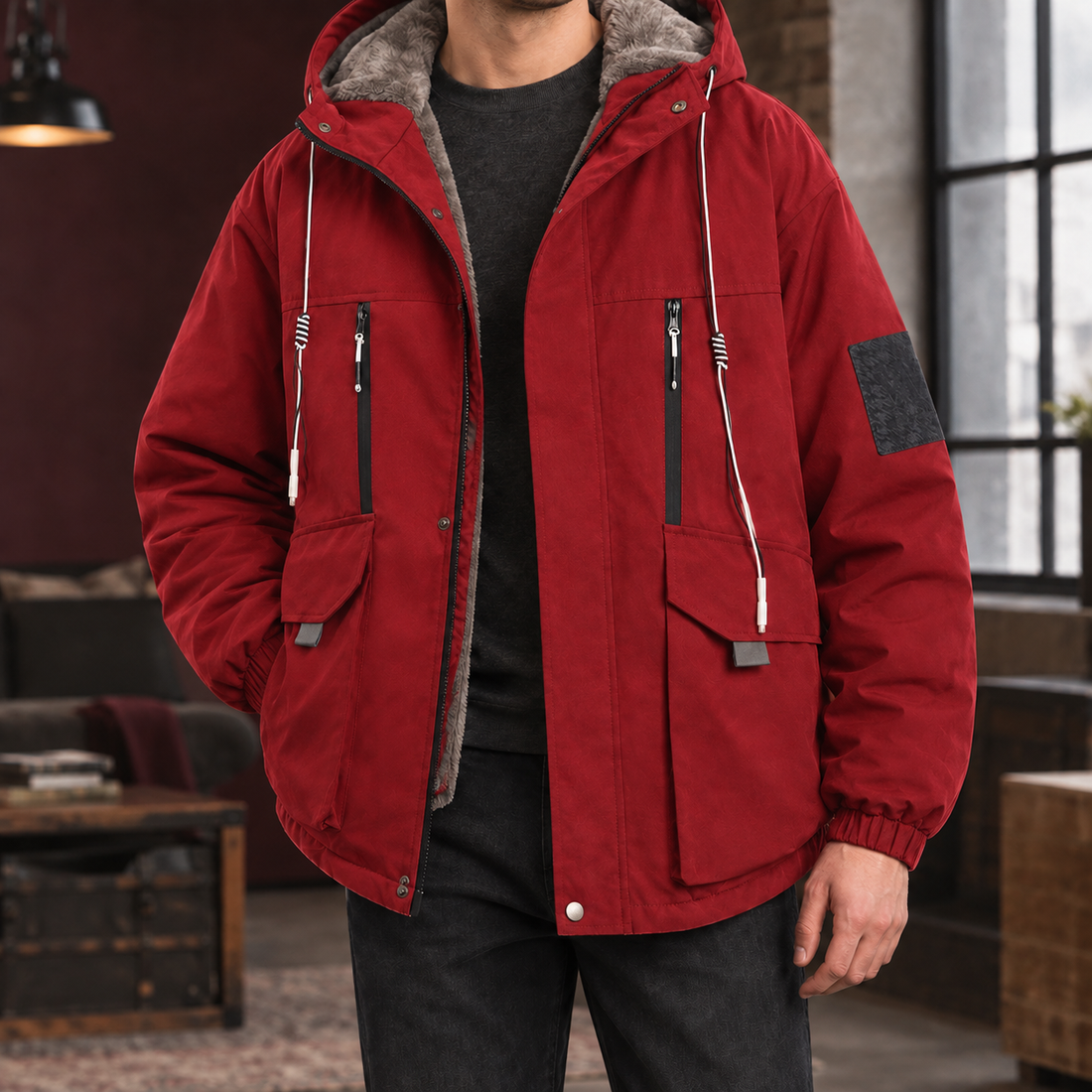 Roman-West Fleece-Lined Jacket - Red