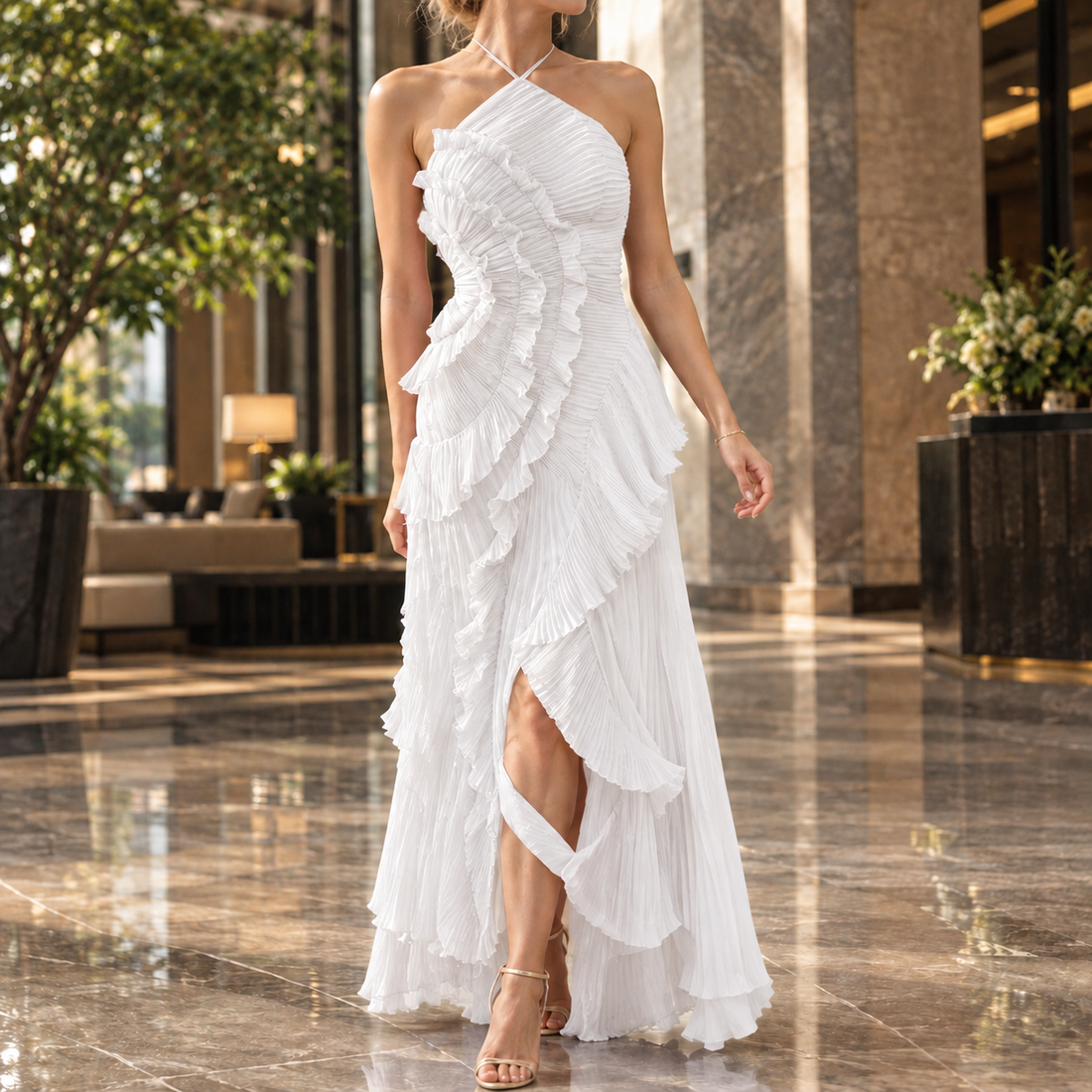 Erin Halter Ruffle Dress - White