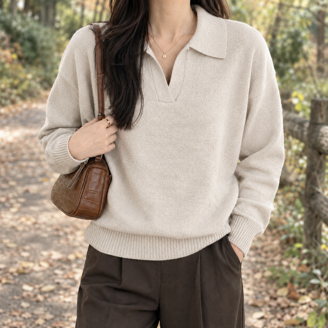 Briony-Hope Polo Collar Sweater - Light Beige