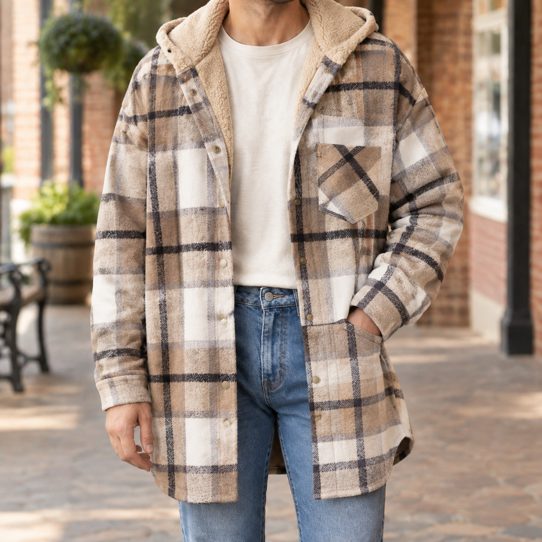 Fabian-Wren Hooded Plaid Jacket - French Beige