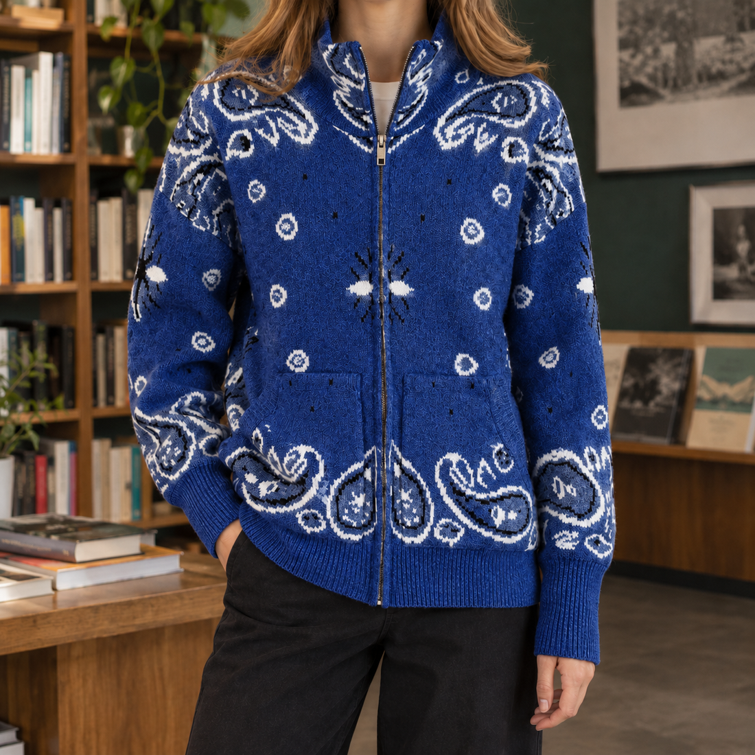 Constance Paisley Zip Sweater - Royal Blue