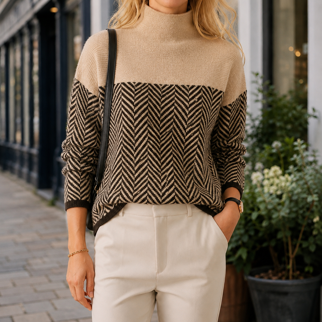 Genevieve-Pearl Roll-Neck Sweater - Beige