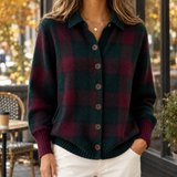 Gillian-Claire Collared Knit Cardigan - Dark Green Burgundy Plaid