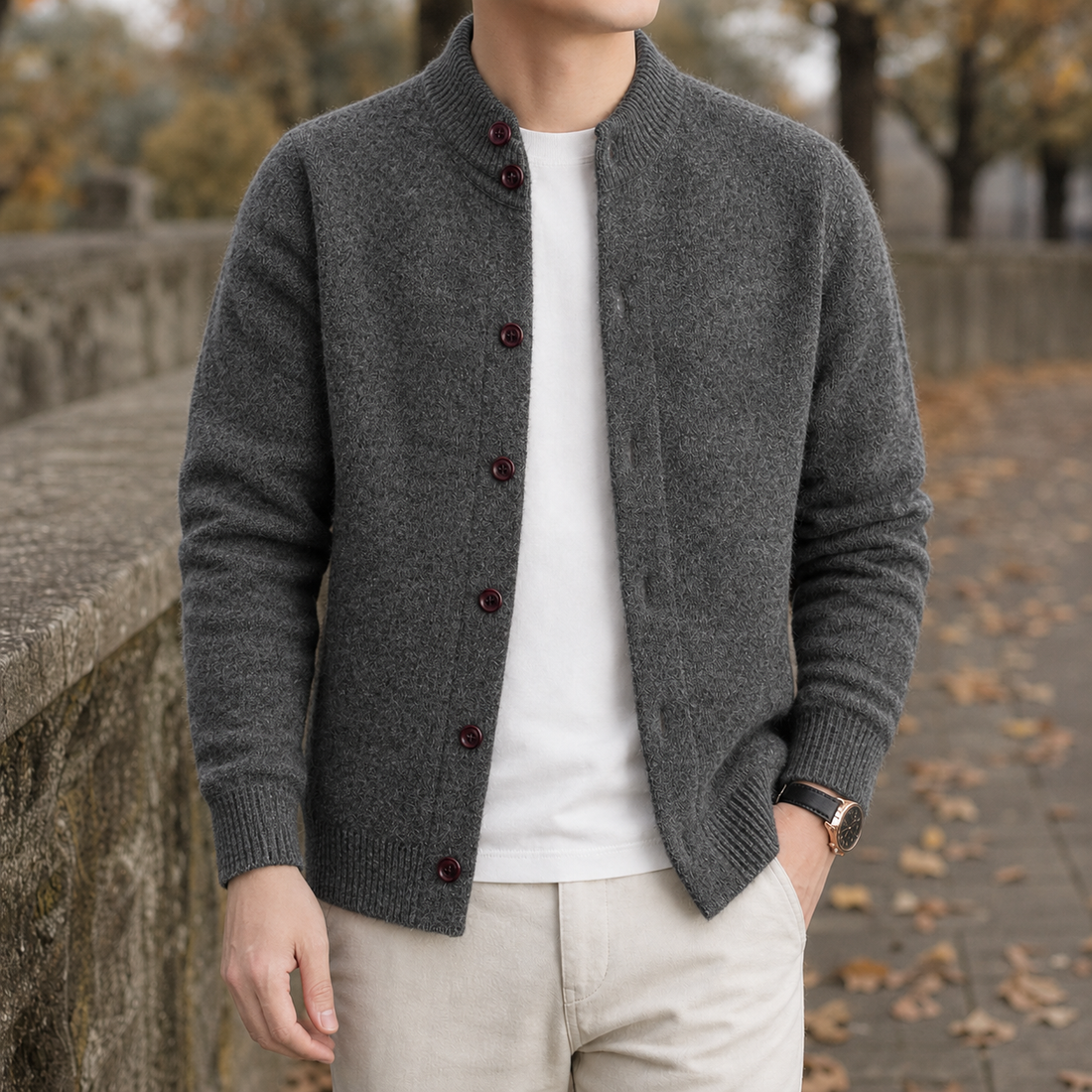 Kit-Dean Stand Collar Cardigan - Dark Gray