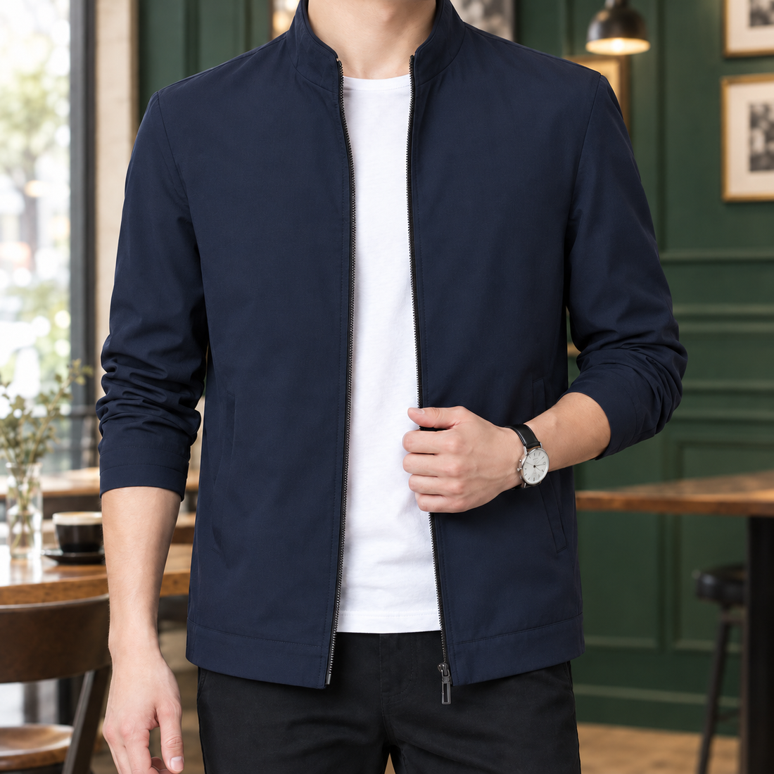 Armand-Miles Stand Collar Jacket - Collar-navy