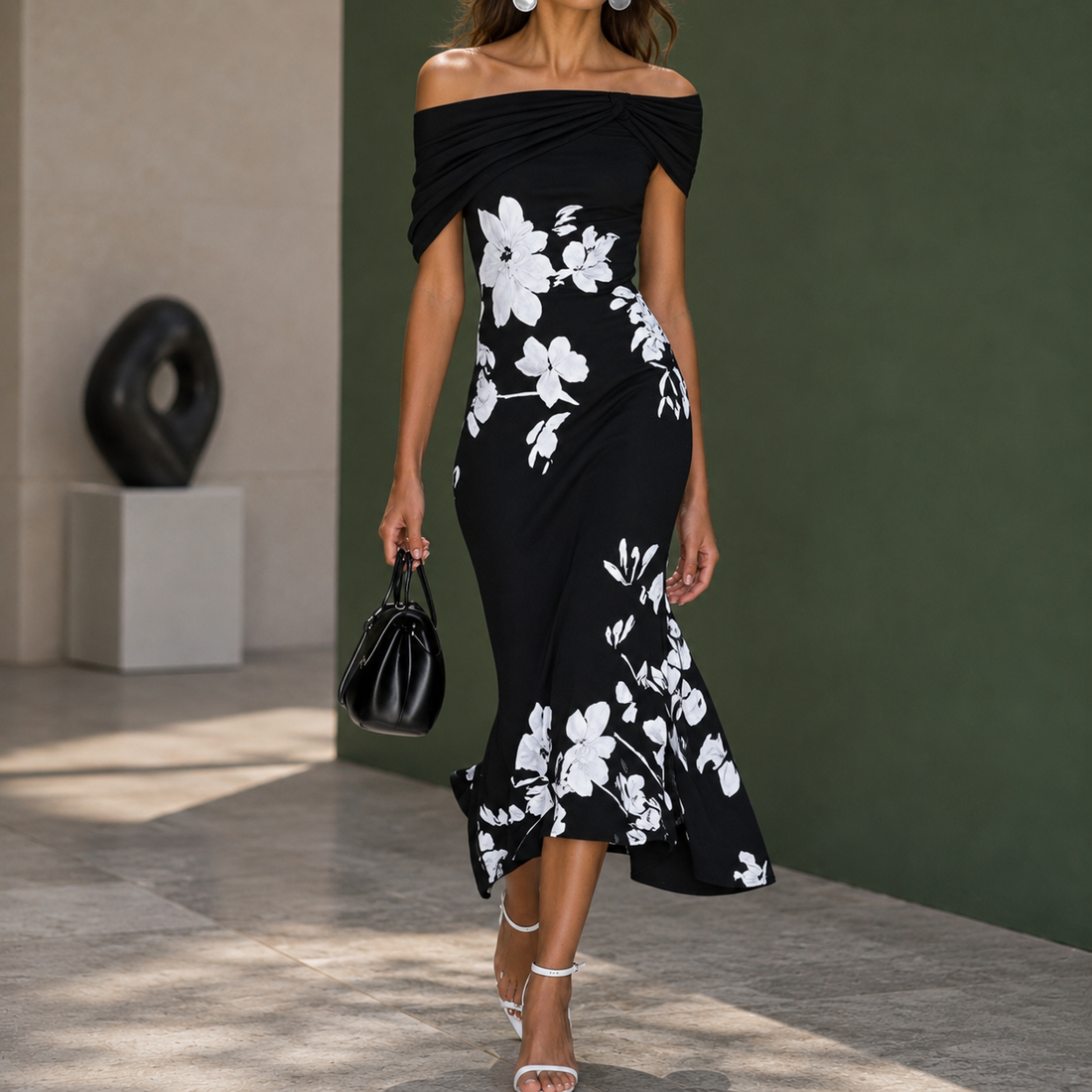 Eva-Jane Draped Midi Dress - Black