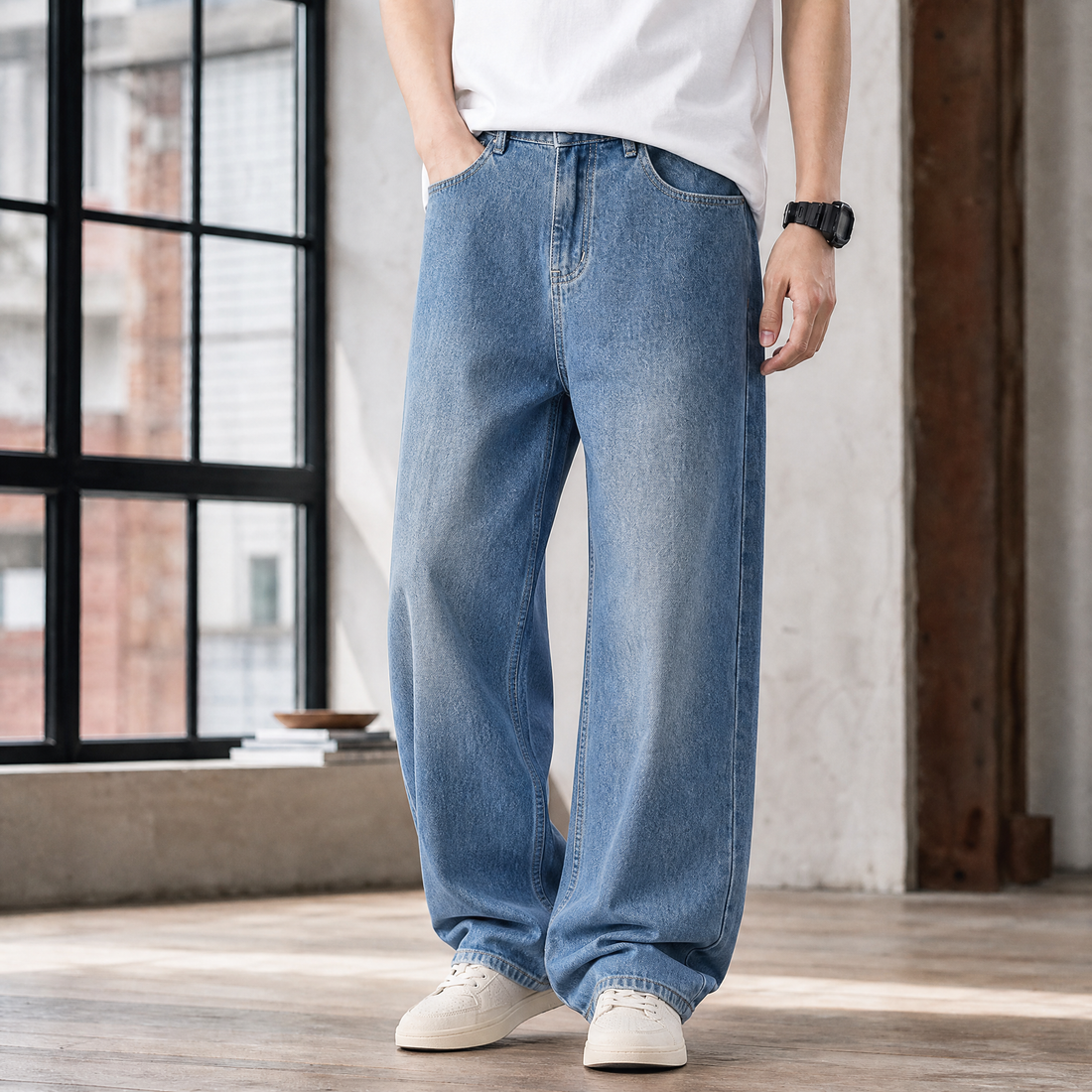 Liam-Rhys Wide Leg Jeans - Cyan Blue