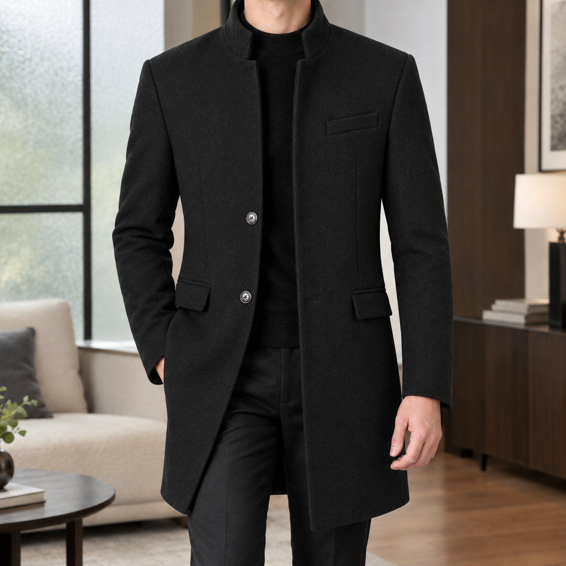 Julian-Wren Stand Collar Overcoat - Black