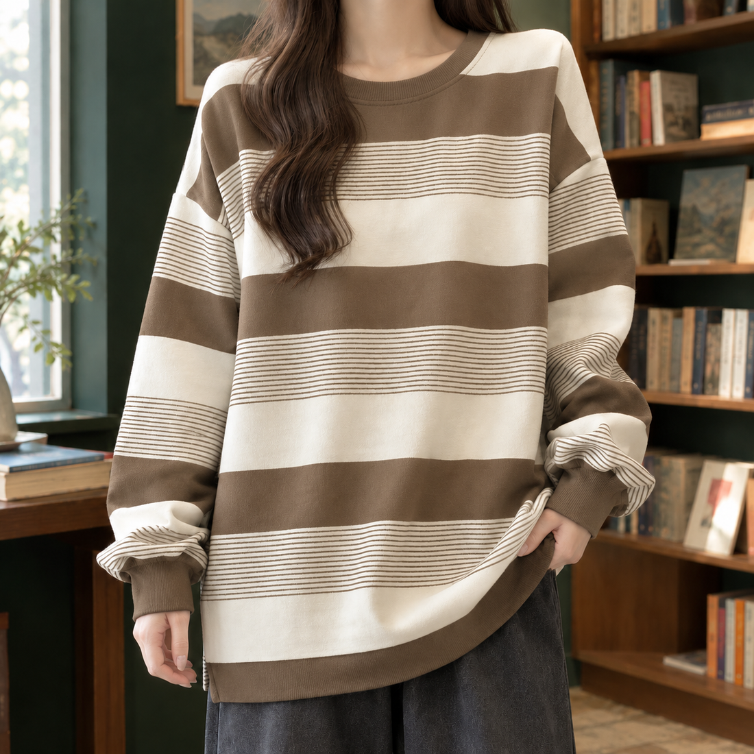 Annika-Pearl Striped Top - Khaki Stripes