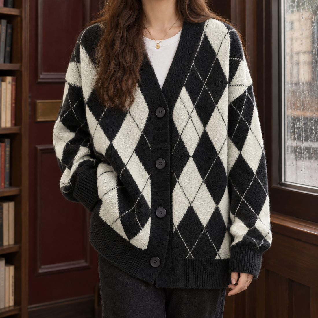 Isabel-Pearl Argyle Cardigan - Black Plaid
