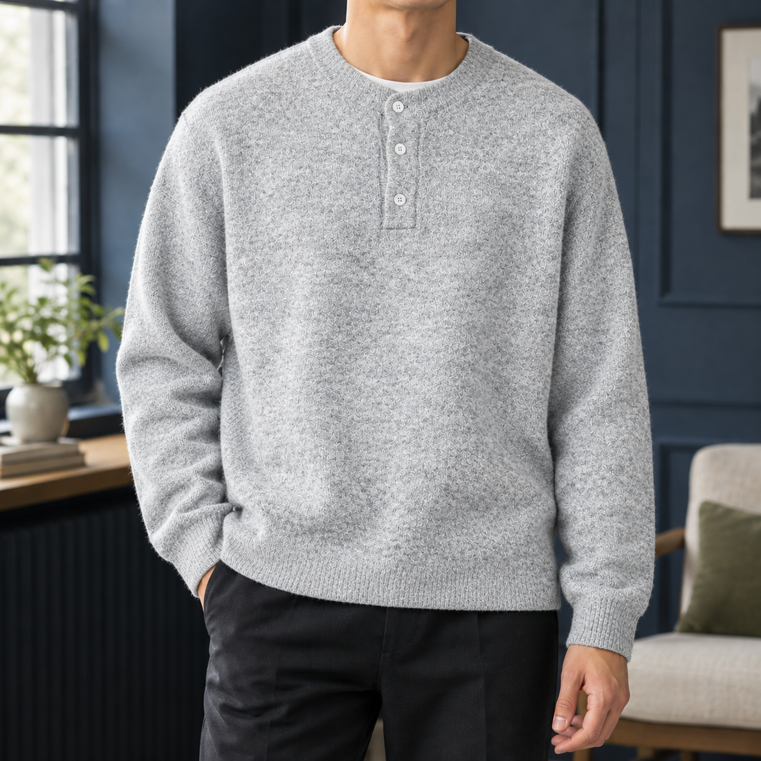 Louis-Wren Henley Sweater - Light Gray