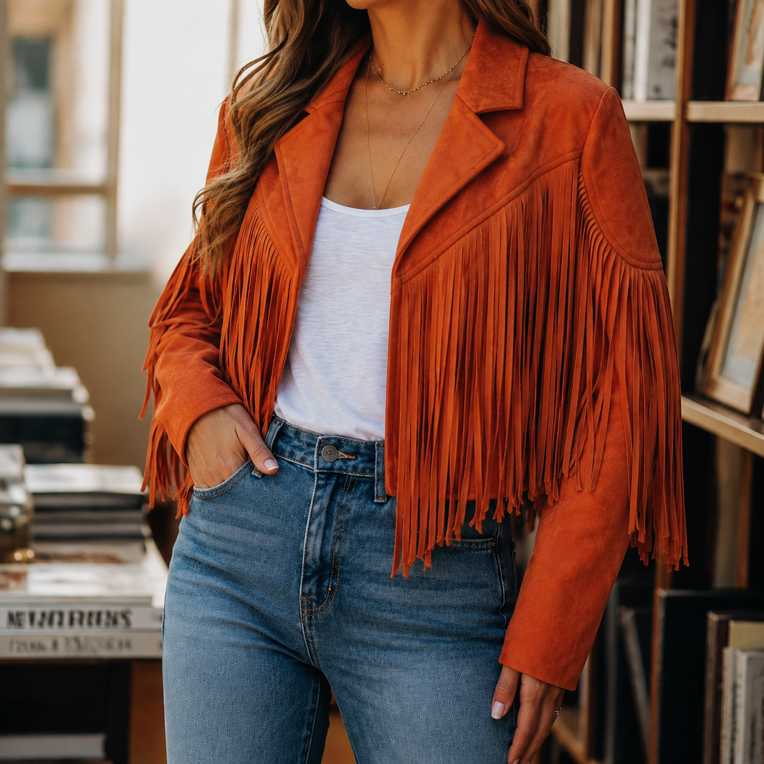 Giselle-Grace Western Fringe Jacket - Orange