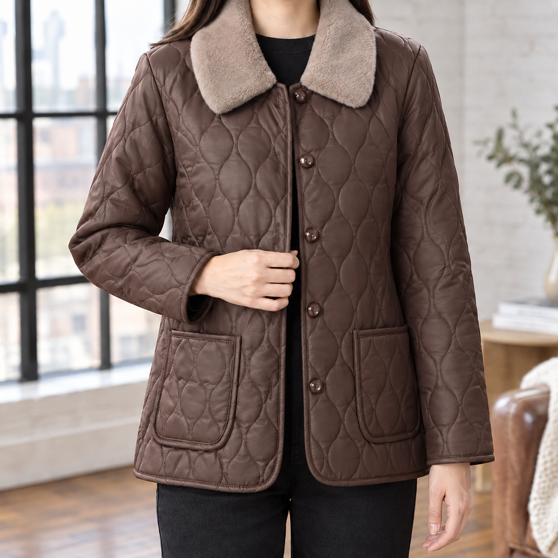 Ghislaine-Sage Quilted Jacket - Brown