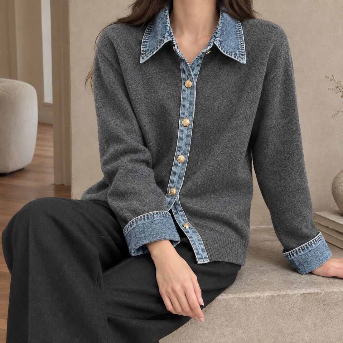 Zoe Denim Trim Cardigan - Dark Gray